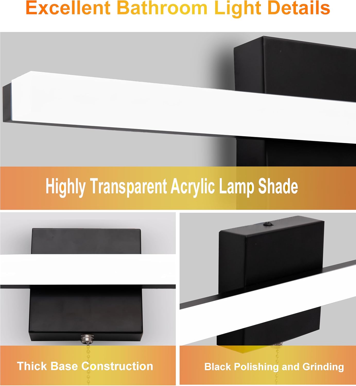 Black Modern Vanity Light Bar,23 inch Wall Lamp for Bathroom,Elegant Simple LED bar Light with 4000K,Pull Chain Switch on/Off