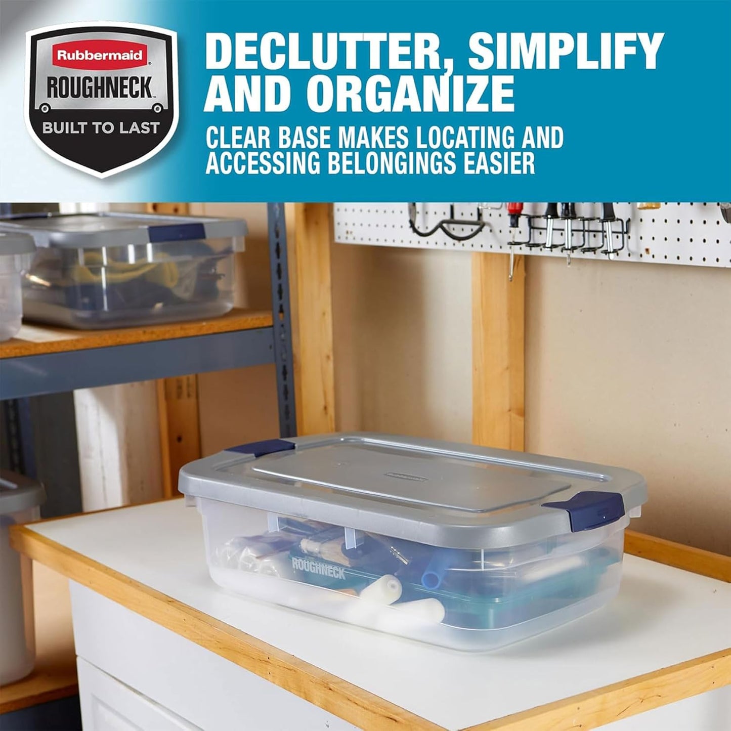 Rubbermaid Roughneck 31 Qt Storage Containers - Pack of 6 with Snap-Fit Grey Lids | Sturdy & Stackable