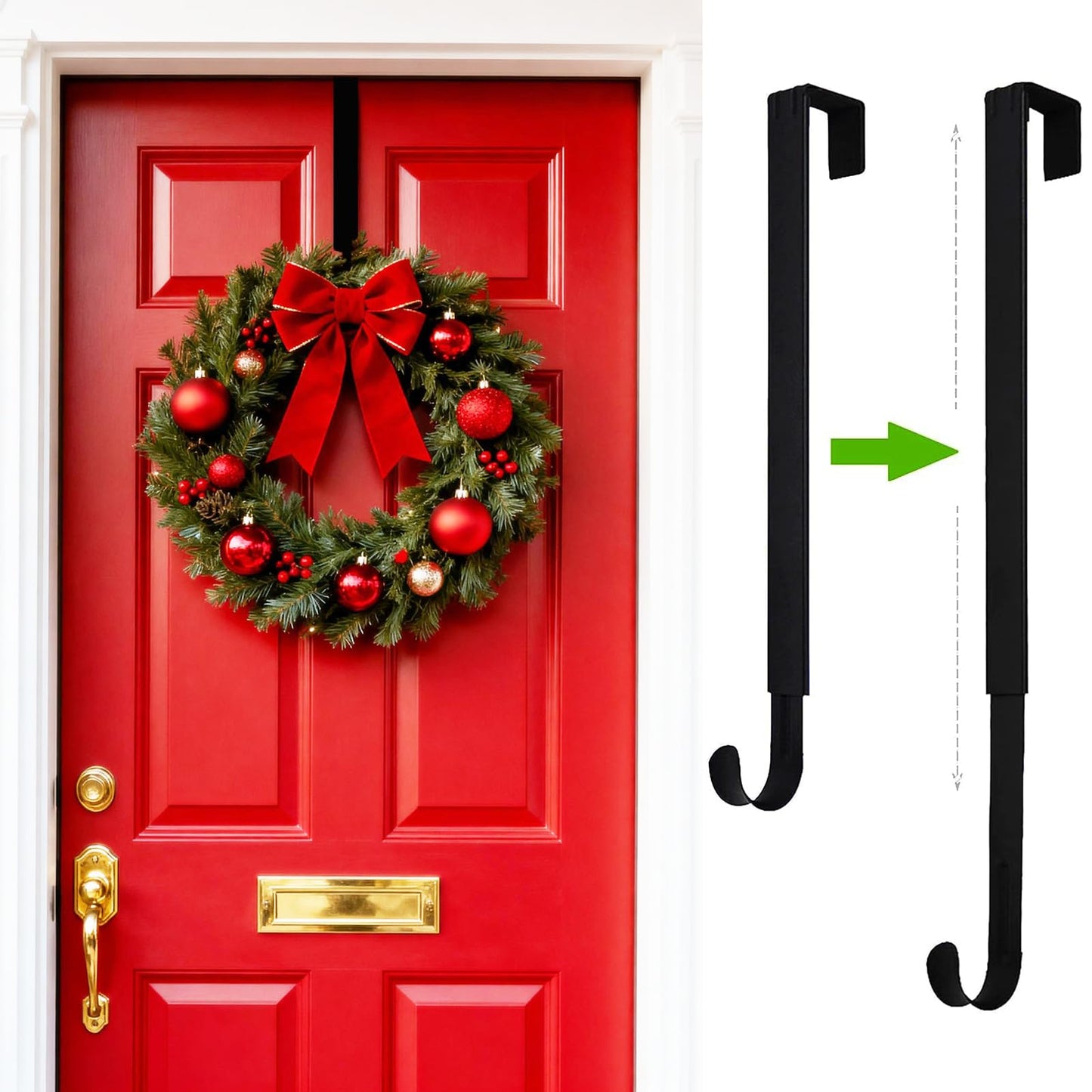 Wreath Hanger for Front Door, Adjustable from 15" to 25" Wreath Door Hanger for Christmas Fall Wreaths Decorations Hook, Black
