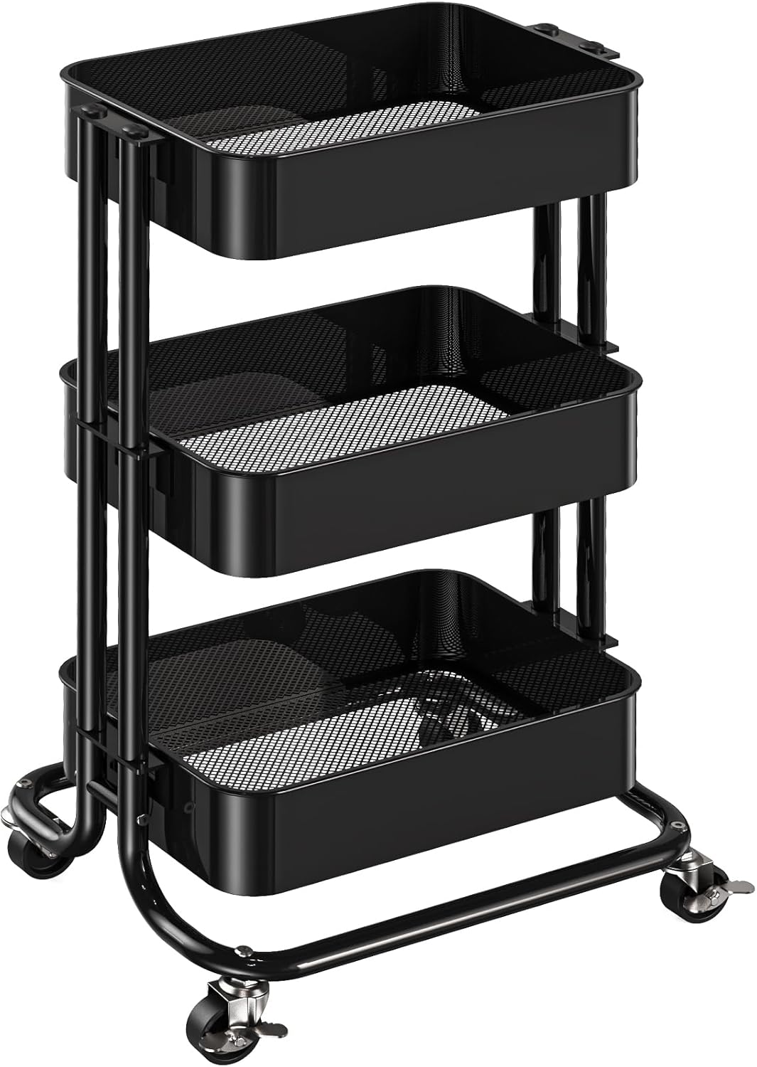 Pipishell 3-Tier Metal Rolling Utility Cart - Heavy-Duty Storage with Lockable Wheels | Black