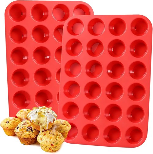CAKETIME Silicone Mini Muffin Pan - Nonstick 24-Cup Baking Tray Set | 2 Pack for Easy Cupcakes