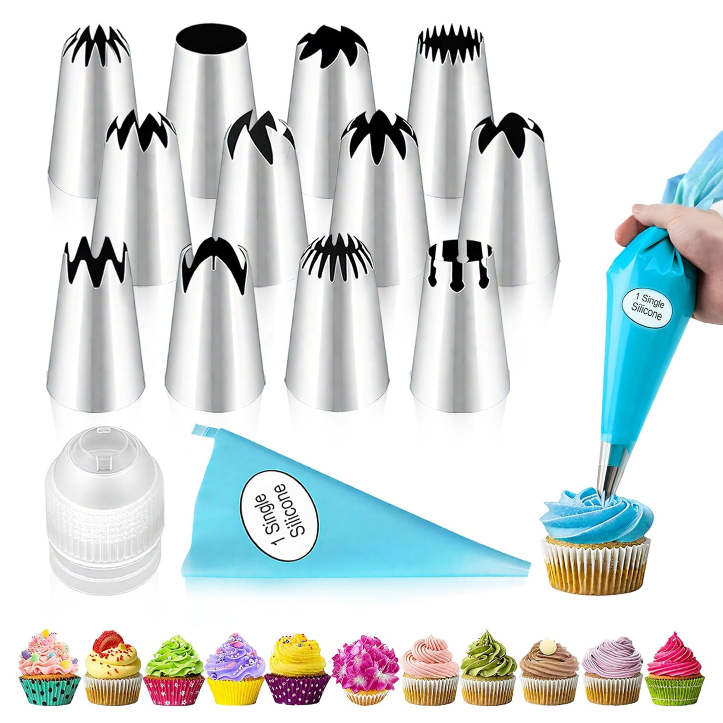 Large Piping Tips Set - 14pcs Reusable Stainless Steel Icing Nozzles Kit Cake Decorating Tools For Cupcake Cookie Pastrys Dough