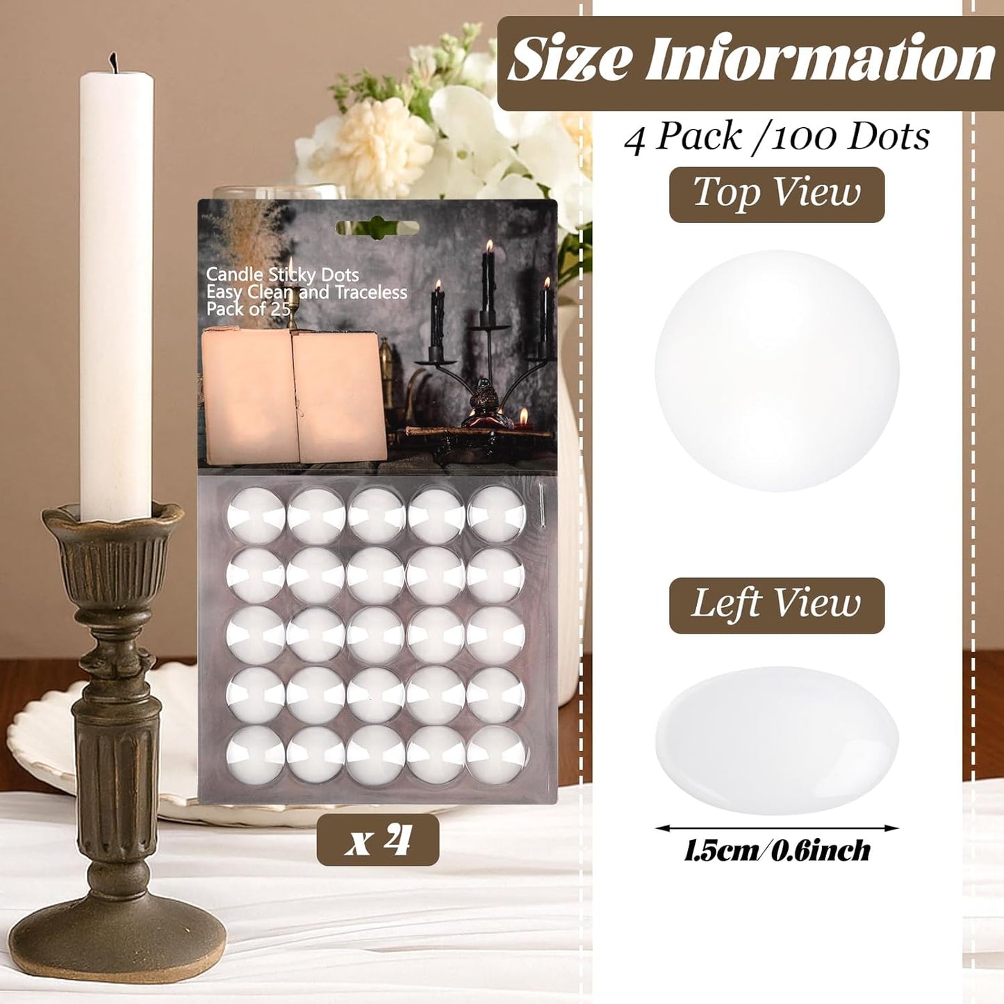 LemonRoad 100 Pcs White Wax Candle Adhesive Dots - Easy Clean Taper Holders for Weddings & Parties