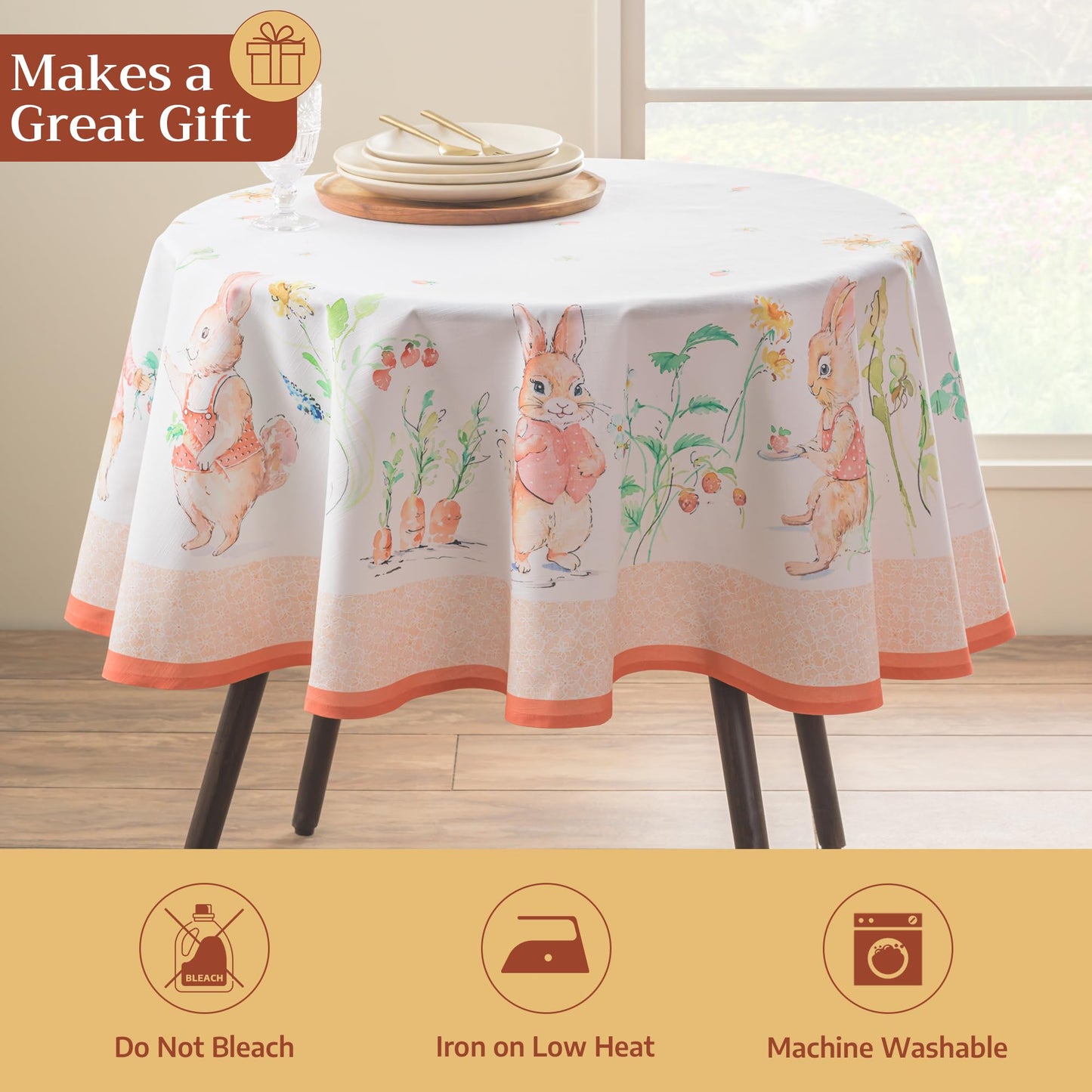 Maison d' Hermine Table Cloth Round Table 100% Cotton 69 Round Inches Tablecloth Reusable Decorative for Dining Kitchen Room Farmhouse Home Gifts for Mothers Day Spring Summer - Bunny Party