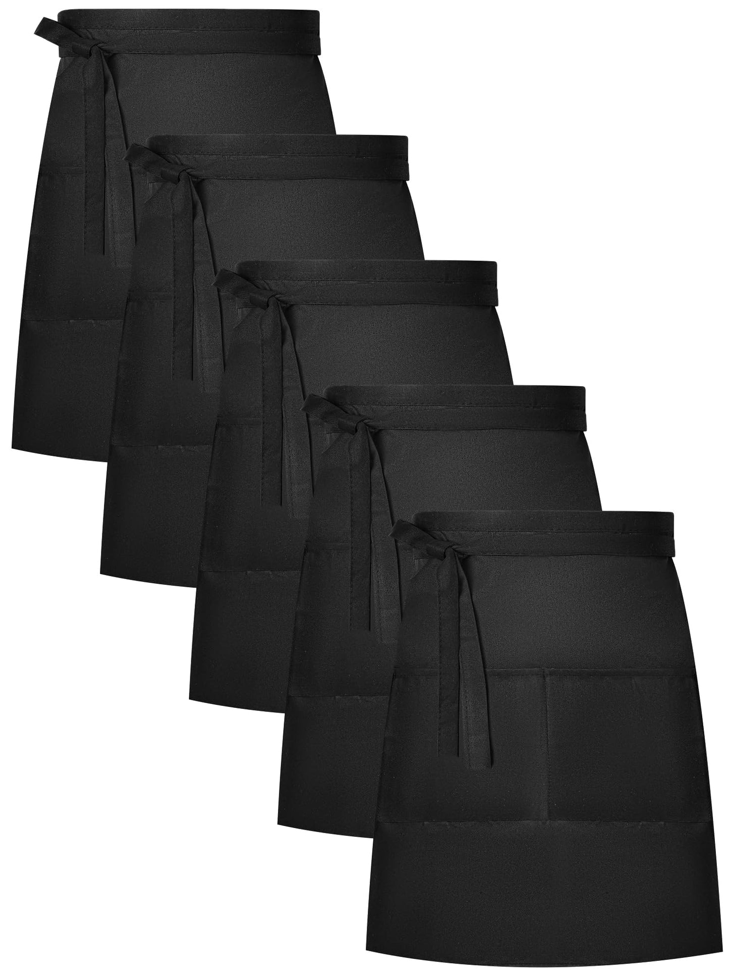 Twistover 5 Pack Half Bistro Aprons with 2 Pockets Unisex Black Server Apron with Extra Long Front Waist Ties for Men Women