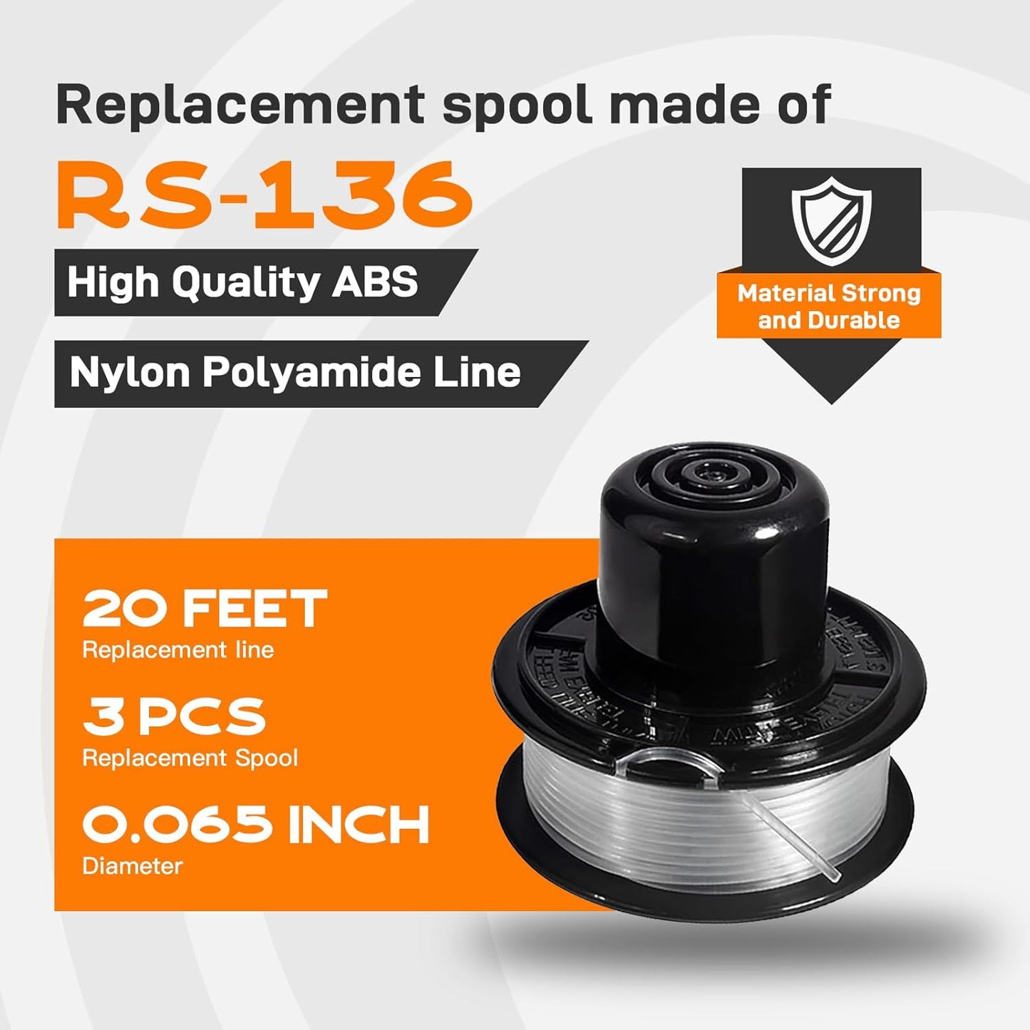 RS-136 Replacement String Trimmer Spool Line - 20ft 0.065" | Compatible with Black + Decker CST800, GE600, ST1000