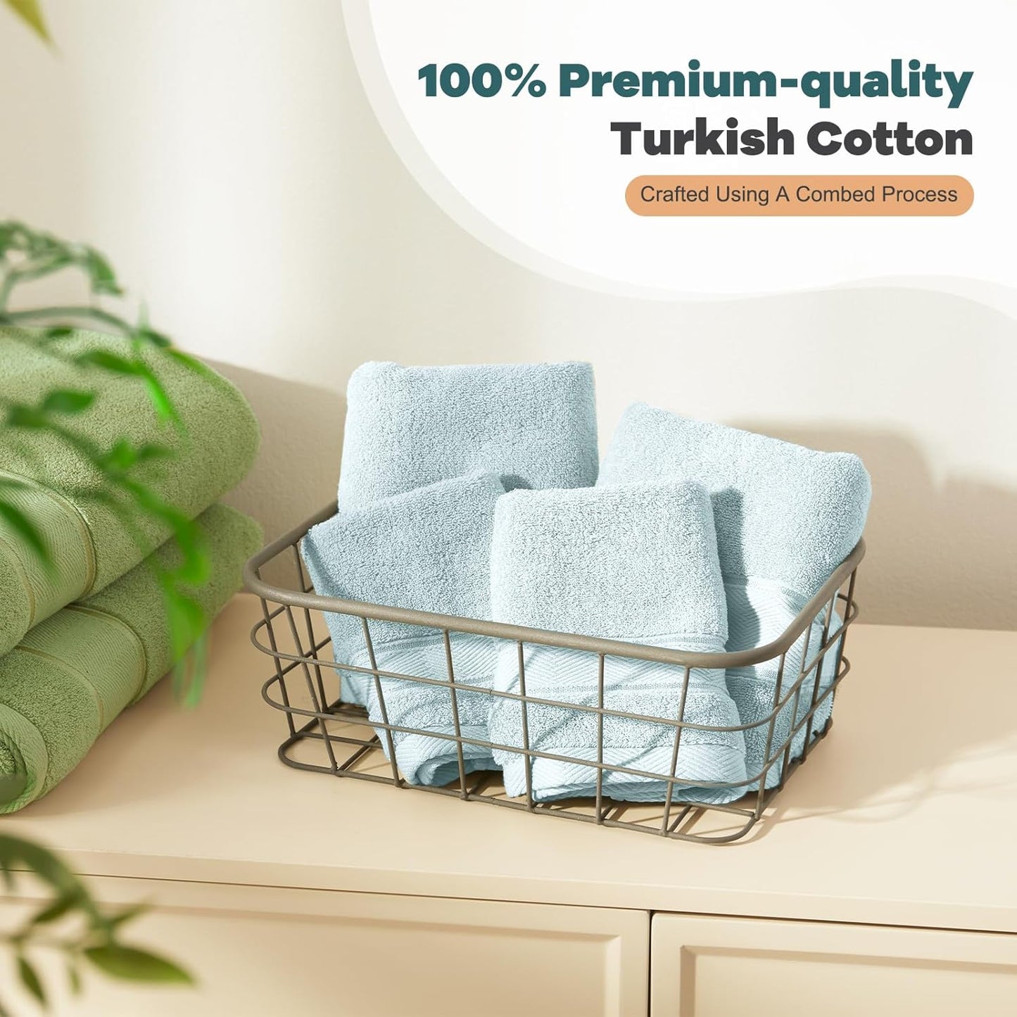 Marvione 6-Piece Bath Towels Set - 100% Turkish Cotton, Highly Absorbent & Soft | Light Aqua Blue