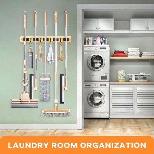 IMILLET Broom Holder Wall Mount - Bamboo Mop and Broom Organizer with 5 Racks & 4 Hooks | Ideal for Home Storage