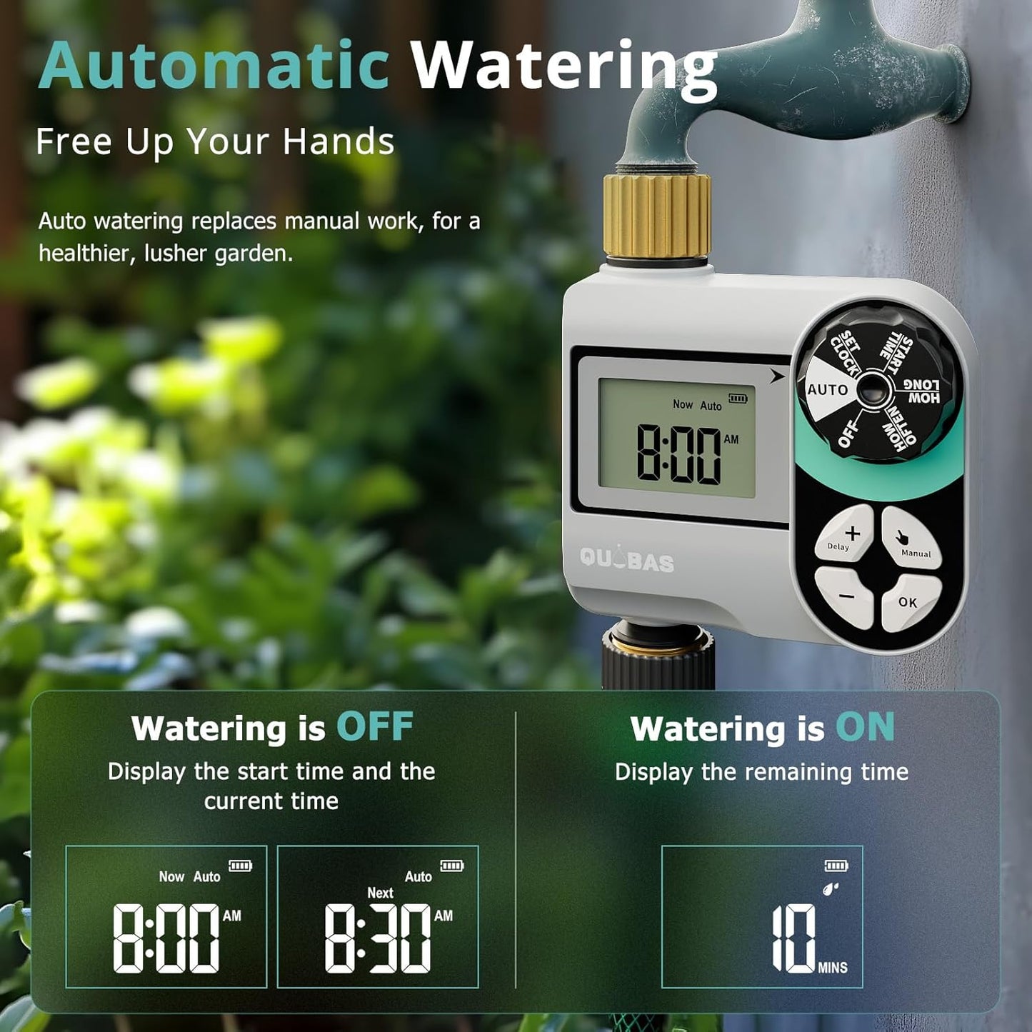 QUOBAS Brass Sprinkler Timer - Programmable Garden Hose Timer with Waterproof HD Screen & Rain Delay