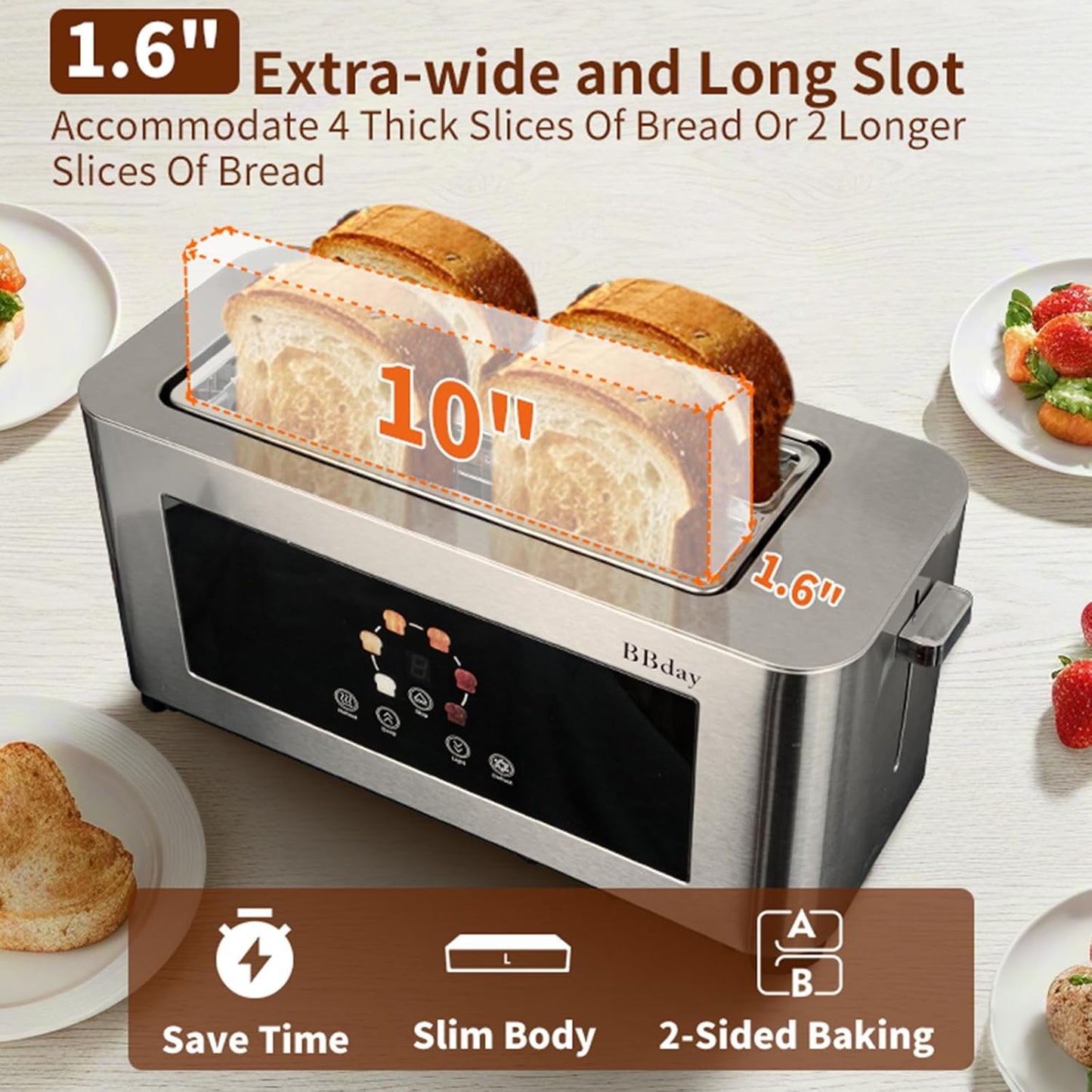 Smart Toaster by Touch Screen - 4 Slice LCD Display, 1.6" Long Slot, 6 Shade Settings, Defrost & Reheat