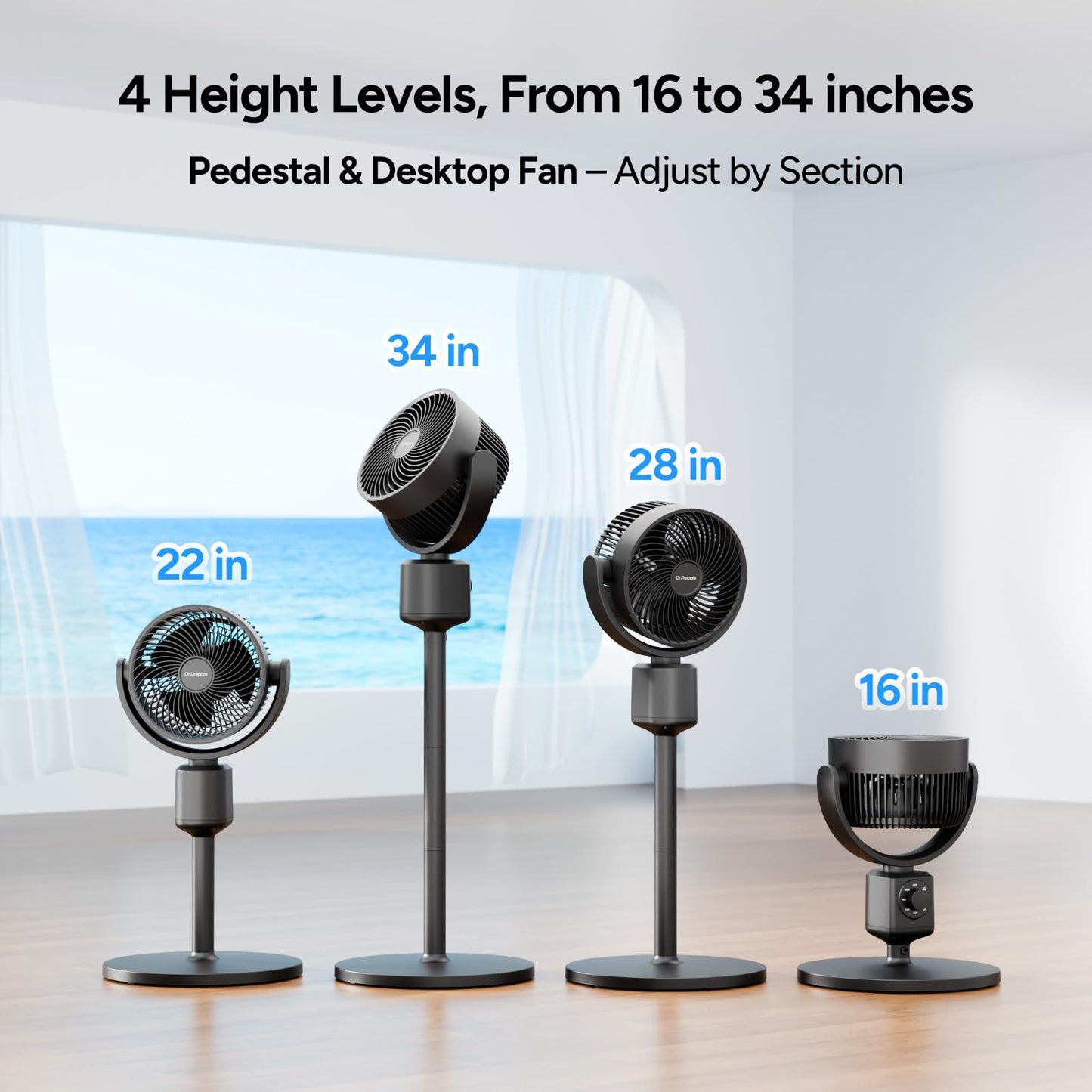 DR.PREPARE Compact Misting Pedestal Fan with Magnetic Mister, Quiet Air Circulator Standing Fan, 16-34" Adj. Height, 70°Auto-Oscillation, 90° Up+10° Down Tilt, 3 Speeds for Small‑Medium Patio Backyard