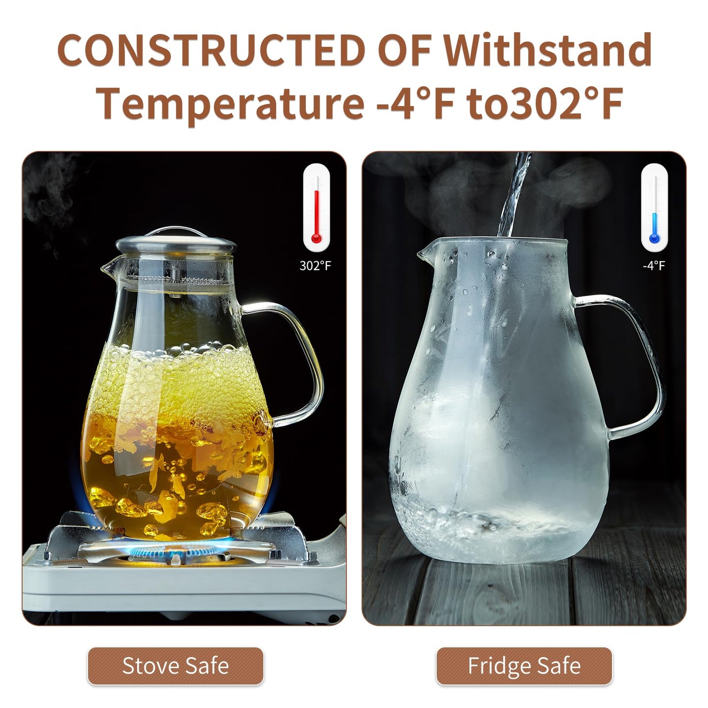 68OZ Glass Pitcher with Lid and Spout, Water Jug, 2000ML Carafe for Hot/Cold Water, Large Iced Tea Pitcher for Coffee, Juice and Homemade Beverage