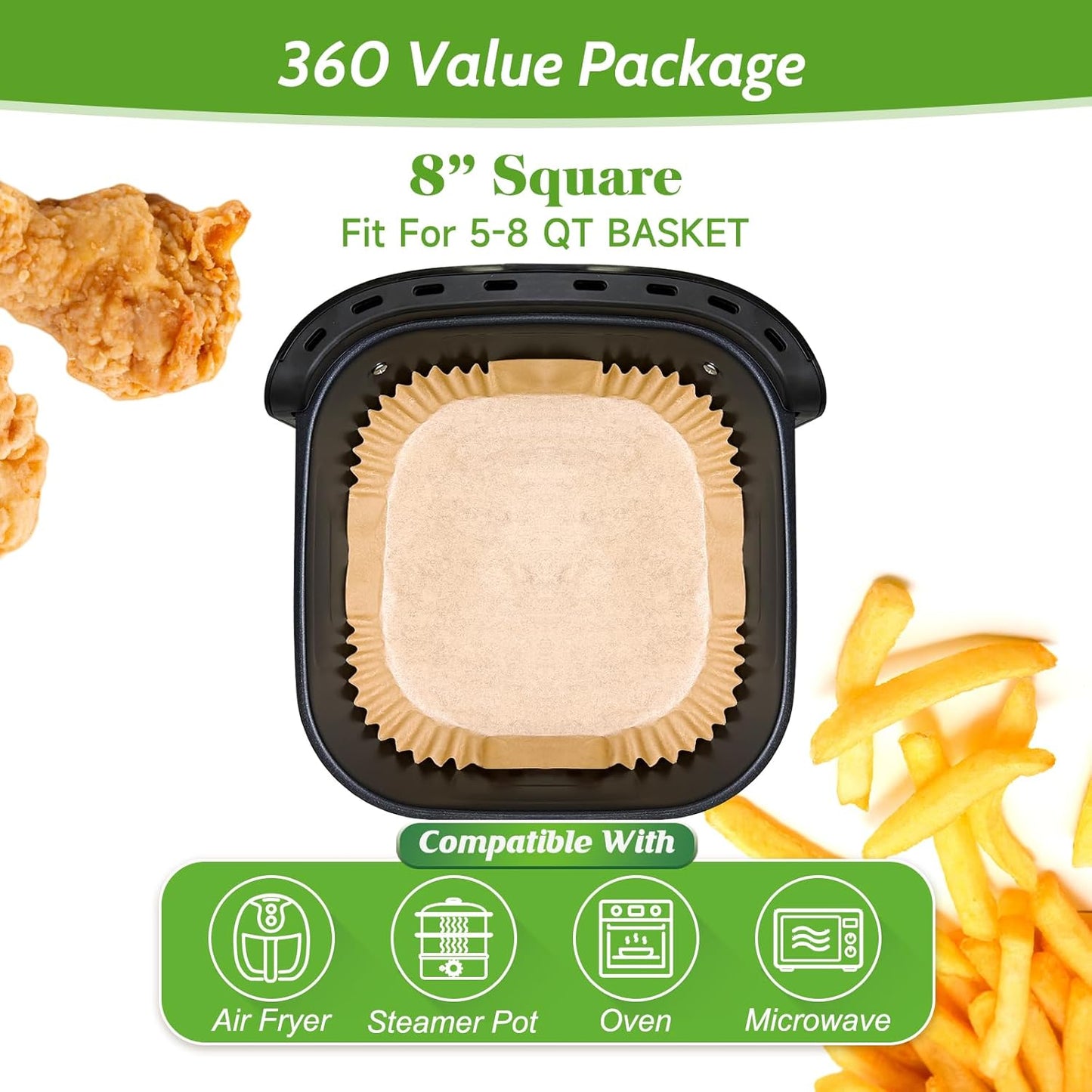 Skiennix 360 Pcs Heavy-Duty Air Fryer Paper Liners - Non-Stick & Leak-Proof 8” Square Parchment
