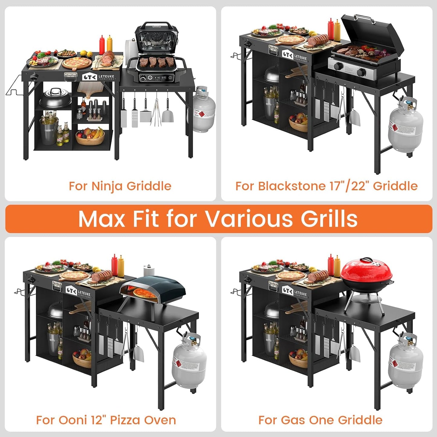 Leteuke Portable Grill Table - Foldable Design with Storage for Blackstone & Ninja Griddles | Perfect for Outdoor BBQs, Camping & Picnics