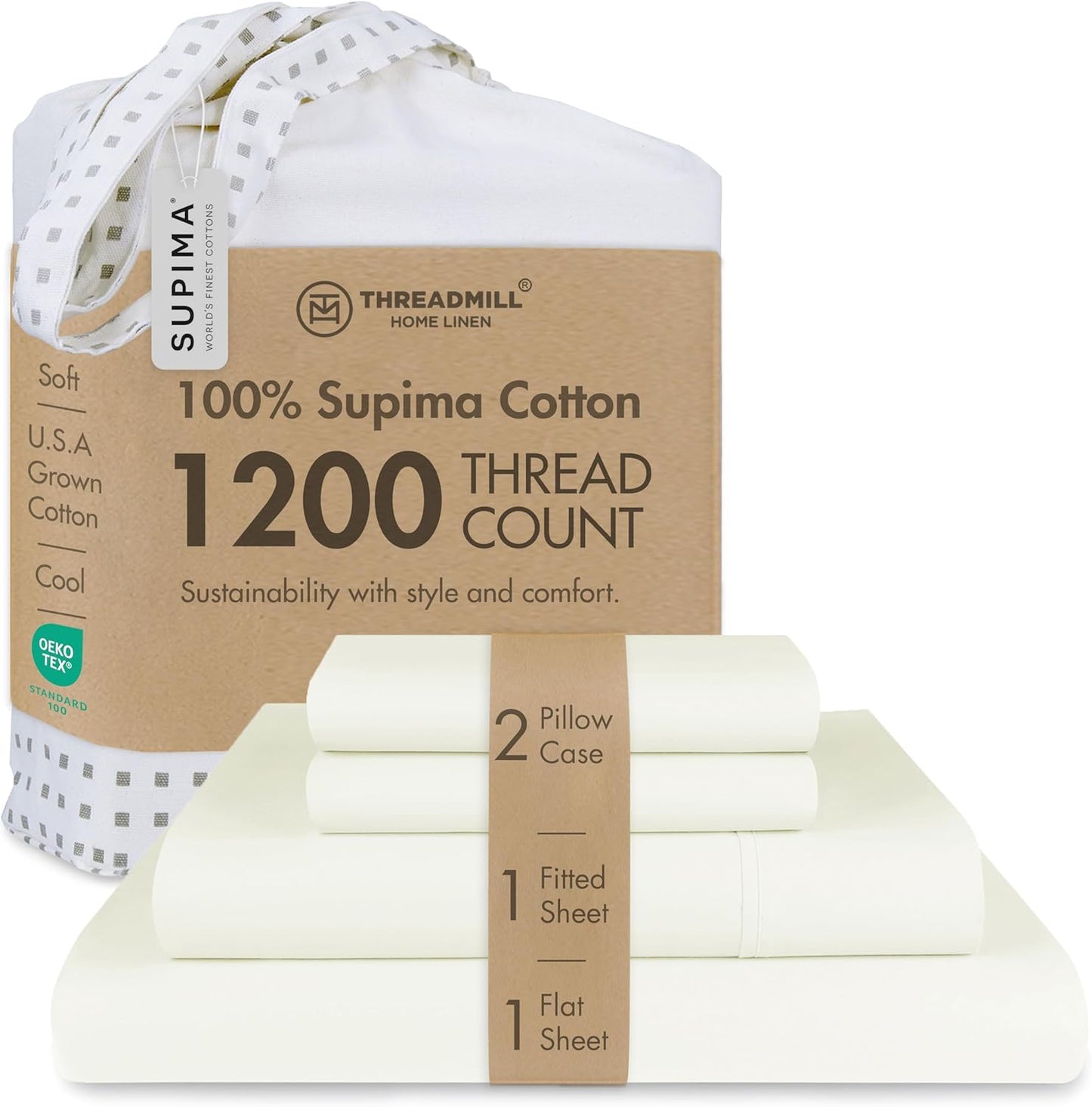 Threadmill Luxury Supima Cotton Sheets - 1200 Thread Count Soft 100% Cotton | Full Size Ivory Bed Set