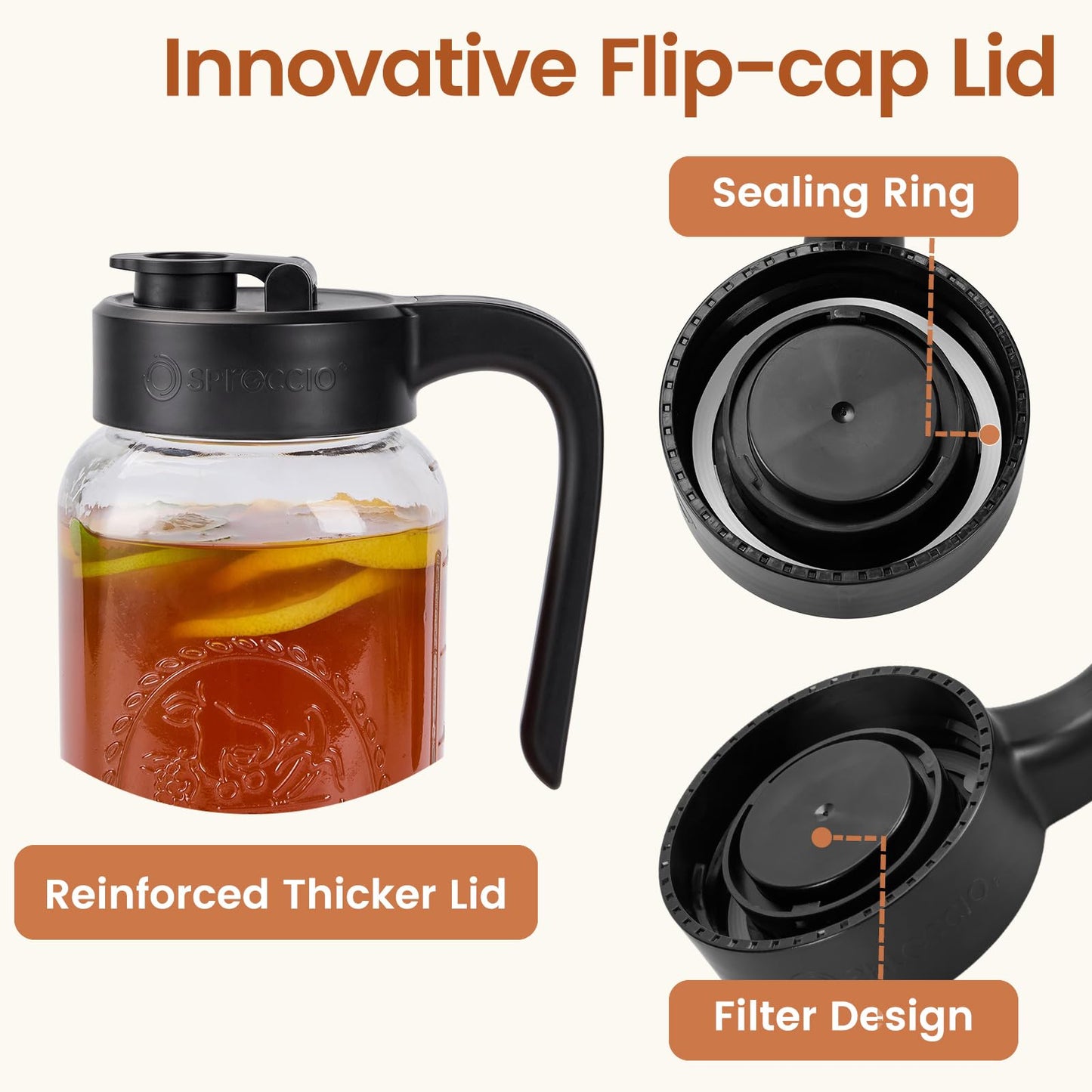Spreccio Mason Jar Pitcher with Tea Filter, Airtight & Leakproof Glass Pitcher with Lid, 64 oz Sun Tea Glass Jar for Outside, Perfect for Sun Tea, Lemonade, and iced Tea