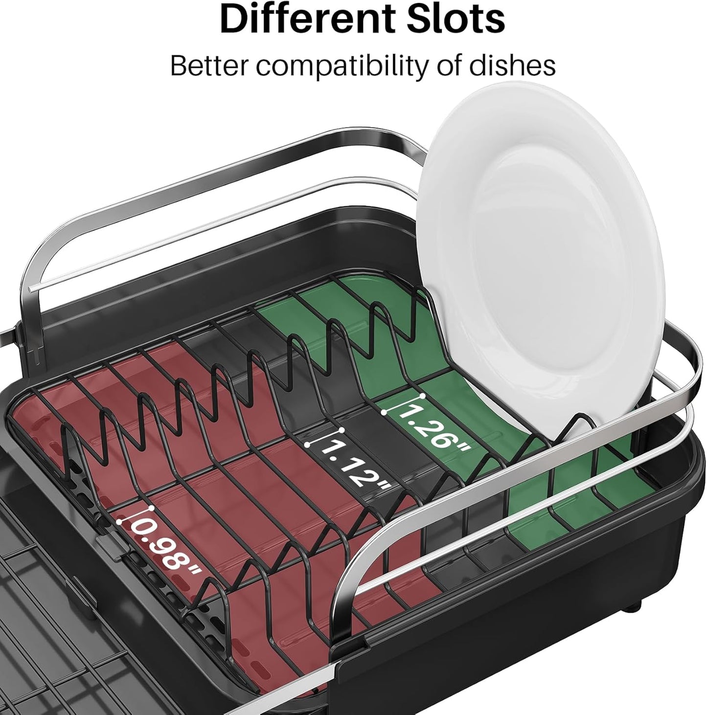 SNTD Stainless Steel Dish Drying Rack - Expandable Kitchen Counter Drainer with Drainboard & Utensil Holder (Black)