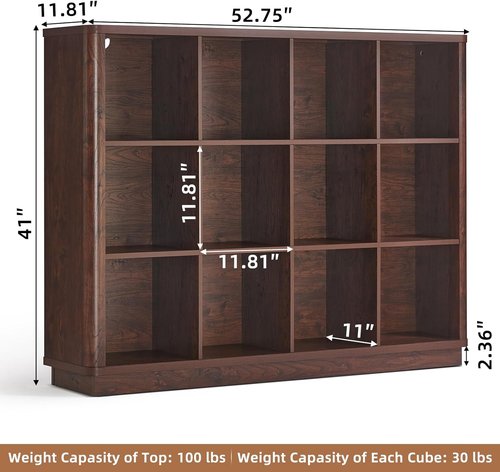 Joaxswe 12 Cube Storage Organizer - 41" Large Bookshelf with Curved Edges | Vintage Wood Bookcase in Walnut