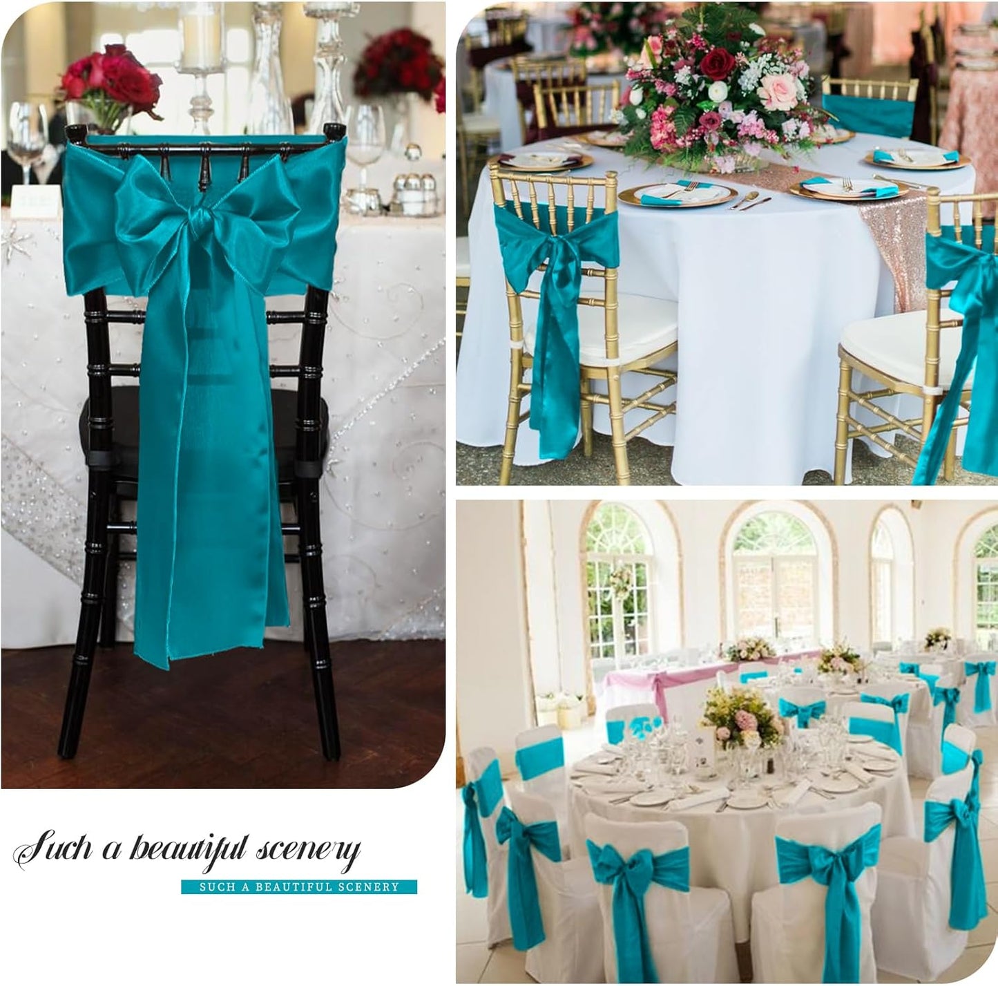Skiennix 100 PCS Satin Chair Sashes - Turquoise Decorative Ribbon Ties for Weddings & Events | 7 x 108 Inch