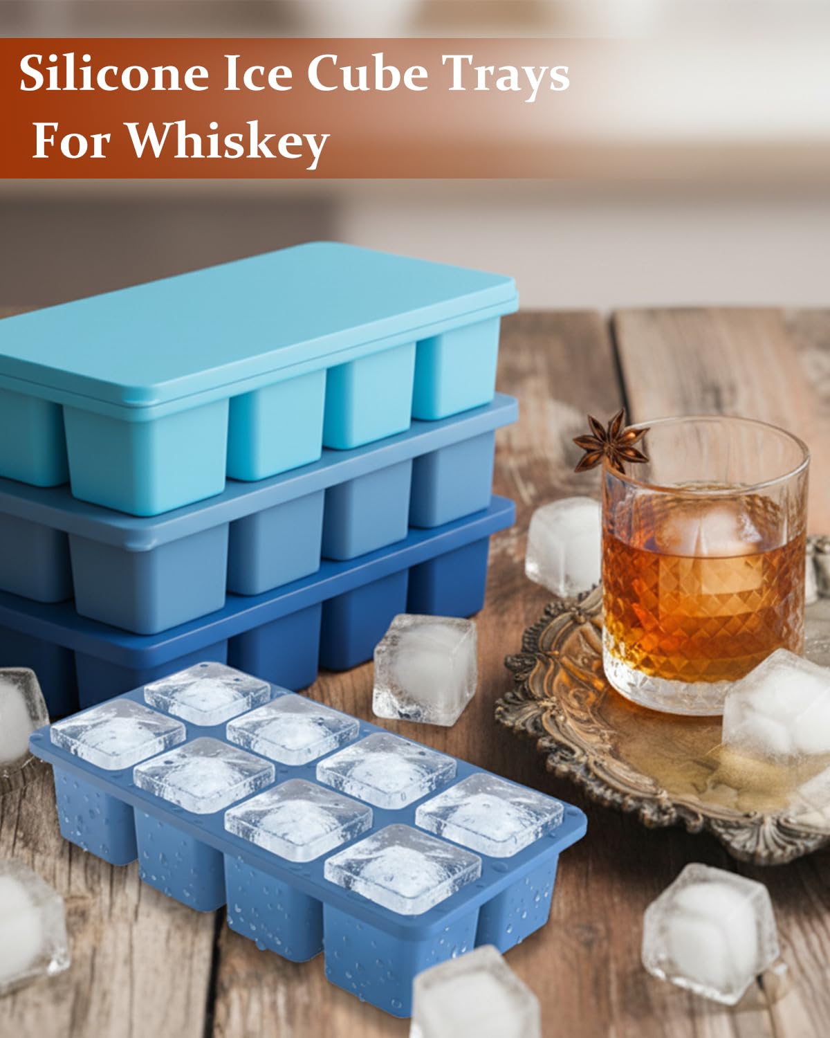 Large Silicone Ice Cube Trays with Lids, ZDPMK 3 Pack Large Ice Cube Molds for Whiskey, Easy-Release 2 Inch Square Big Ice Cube Molds for Freezer, Cocktails, Iced Coffee, Baby Food, Dishwasher-Safe