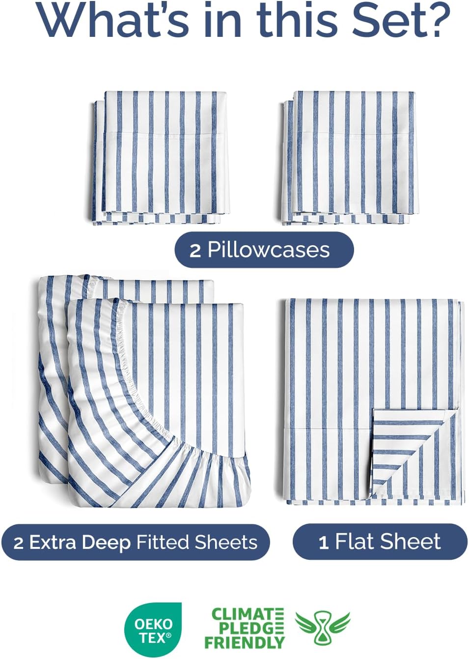 Skiennix Extra Deep Split King Sheet Set - 7 Piece Cooling Bedding - Soft, Wrinkle-Free, Secure Fit - Blue Stripes