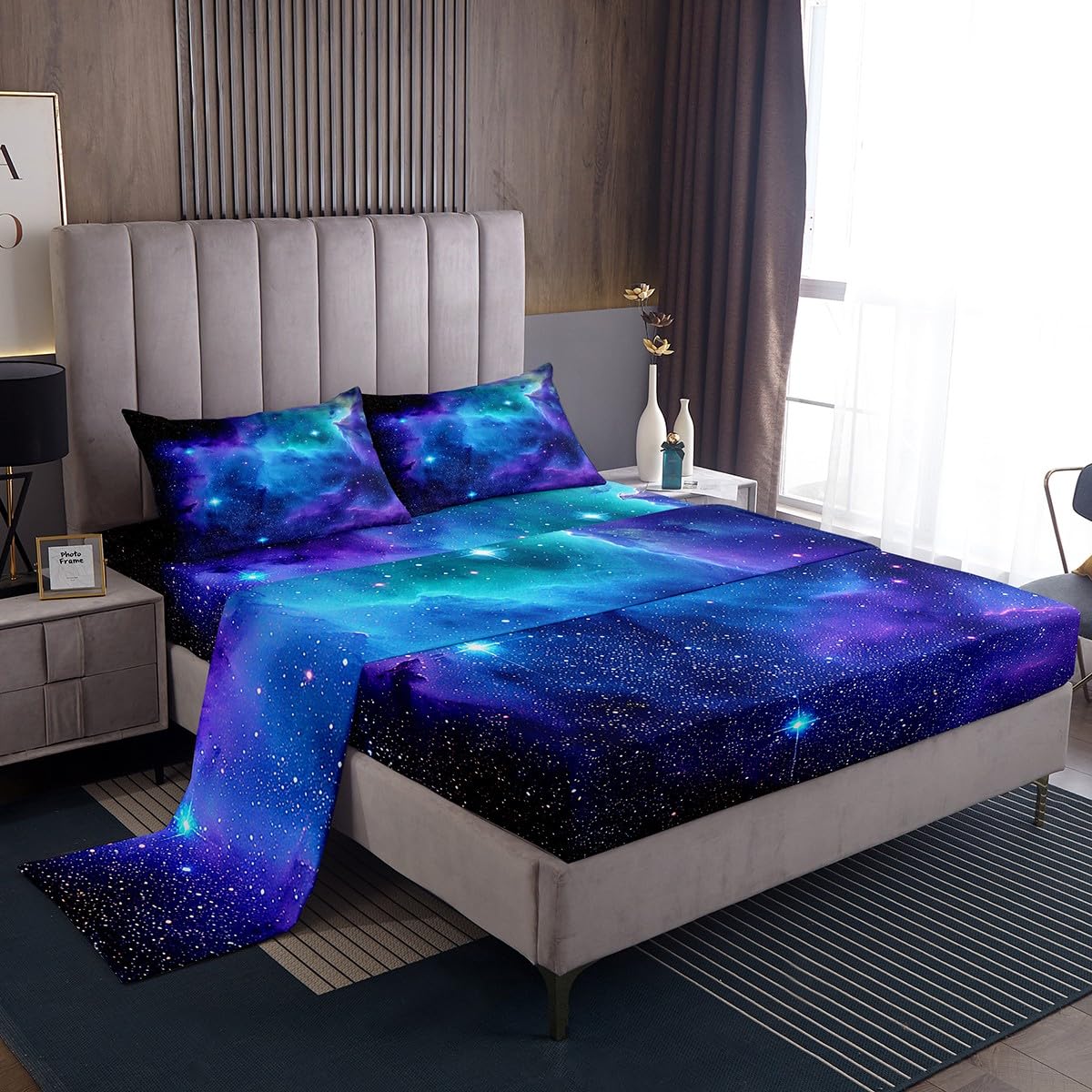 Feelyou Galaxy Sheet Set Queen Size Out Space Bedding Blue Nebula Universe 100% Microfiber Deep Pockets Bed Sheets 4 Pcs - 1 Falt& 1 Fitted Sheets with 2 Pillow Shams
