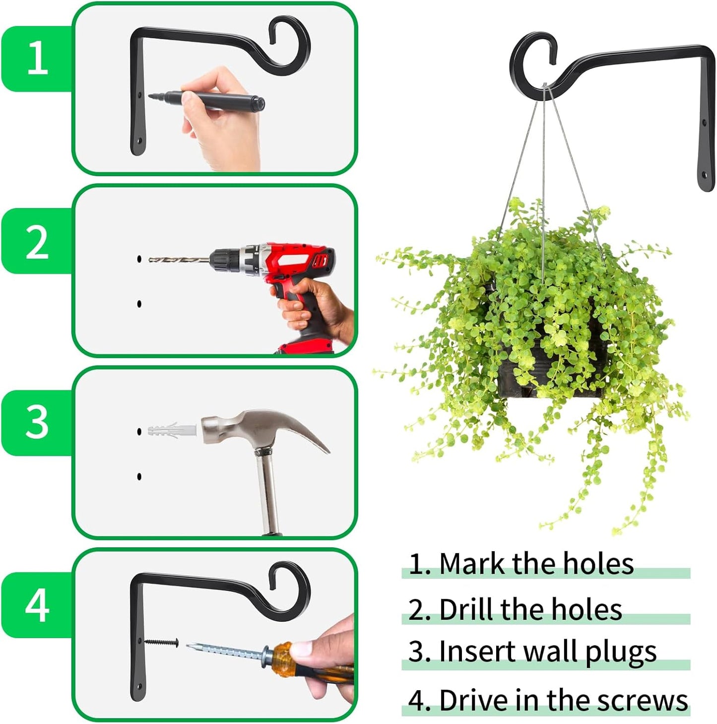 MOWPOG Plant Hangers - 6 Inch Metal Hanging Hooks for Indoor/Outdoor Use | 2 Pack in Black