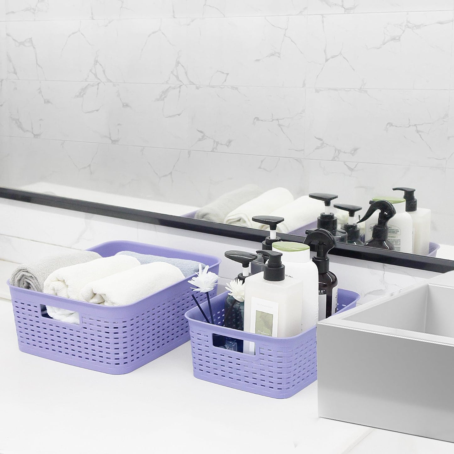 Plastic Storage Baskets for Cabinets, Household Pantry Organization with Handle,Organizer Bins for Room,Bathrooms,Under-Sink,Kitchen (Purple, S-3PACK)