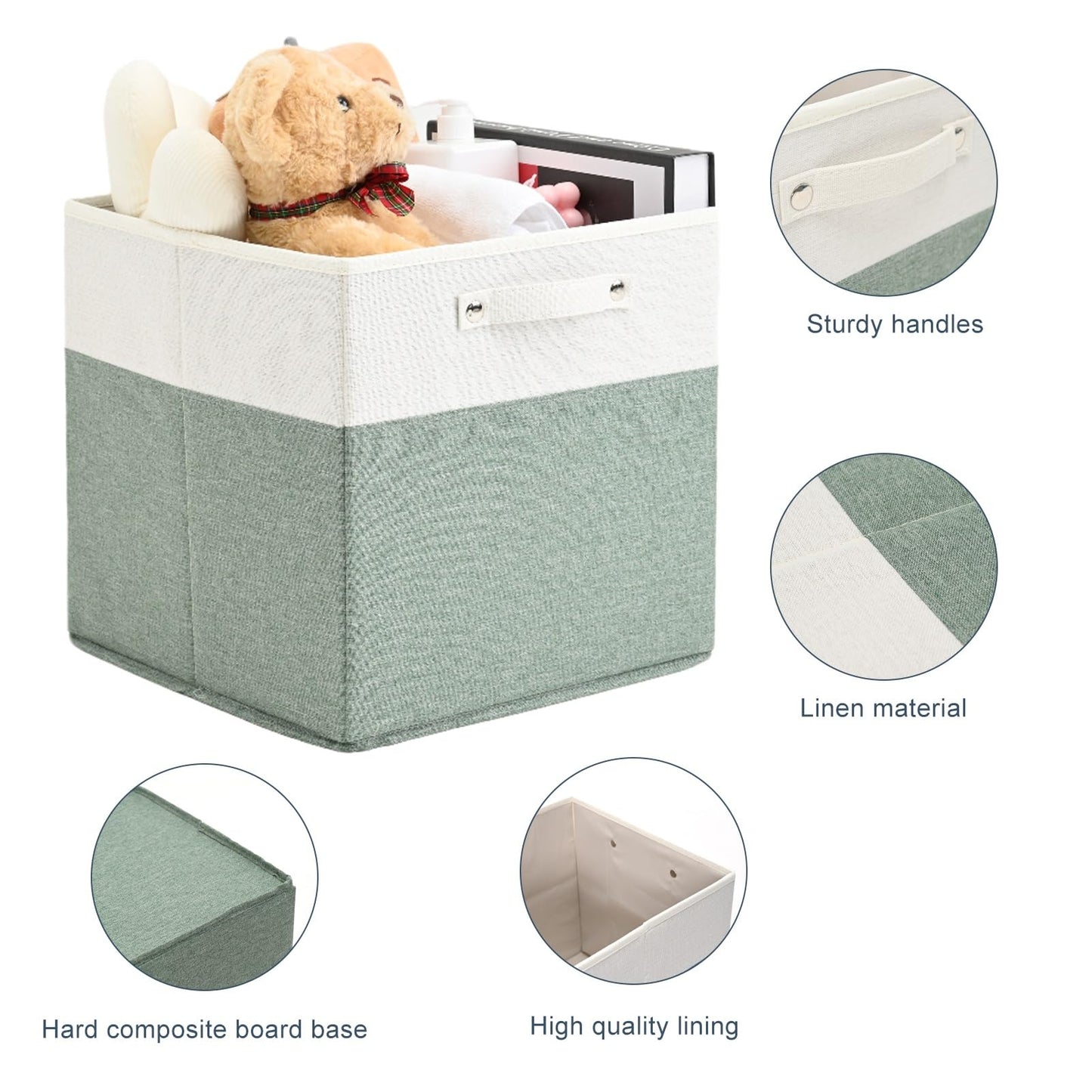 FinishingBo 13 x 13 Inch Fine Linen Storage Bins with Handles，Fabric Cube Boxs，Basket Organizers for Shelves for Home, Closet Drawers (White/Green-4 Pack )