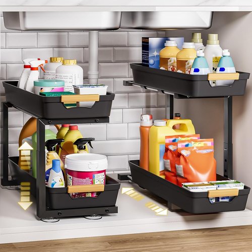 Homde Under Sink Organizer - 2-Tier Adjustable Pull-Out Drawer Set for Kitchen & Bathroom Storage