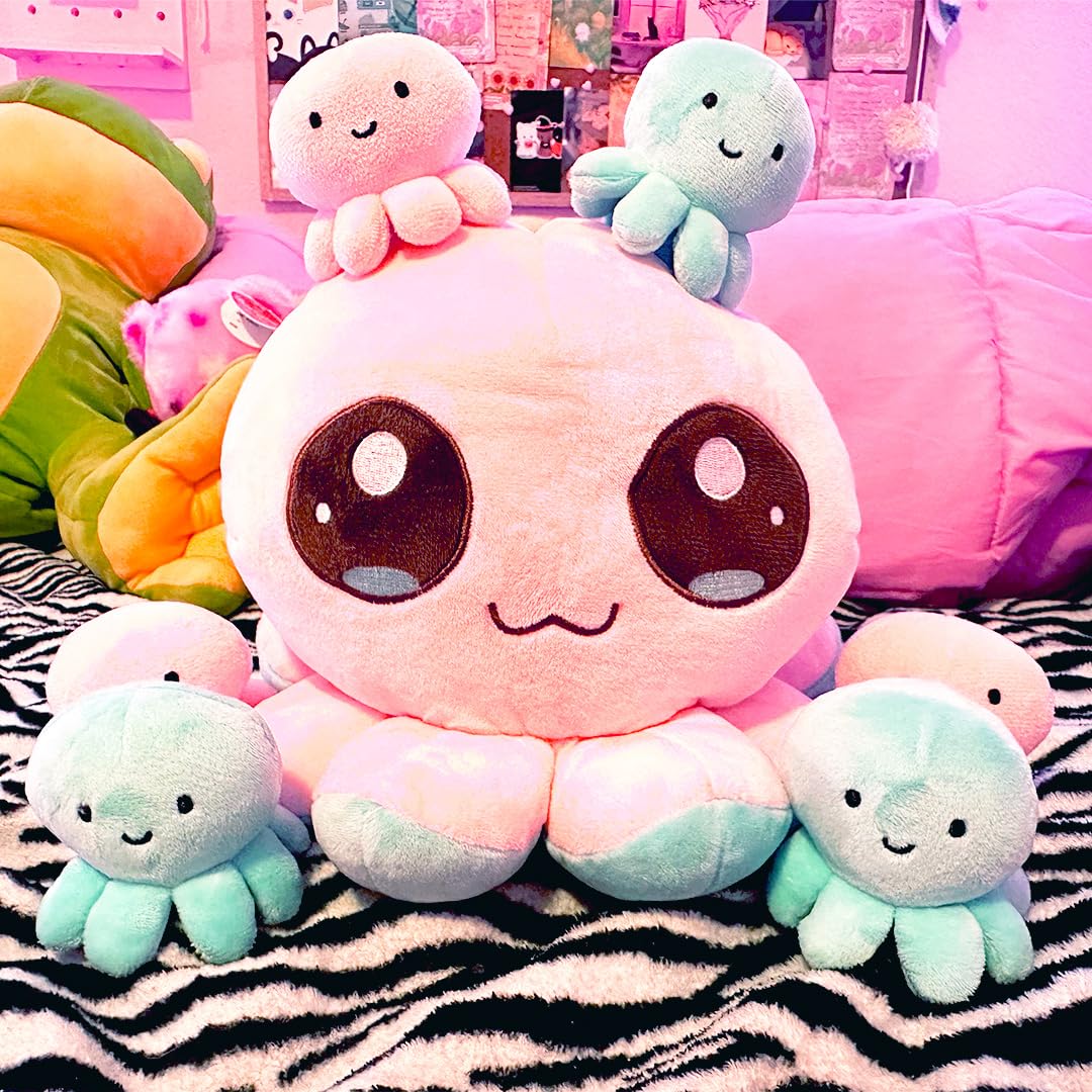 BelugaDesign Octopus Plush Toy | 7 Bulk Bundle Pink Blue Cute Kawaii Anime Soft Cozy Plushie | Large Stuffed Sea Animal Pillow | Fluffy Huggable Mood Flip Squishy Stuffies Plushy for Kids Teens