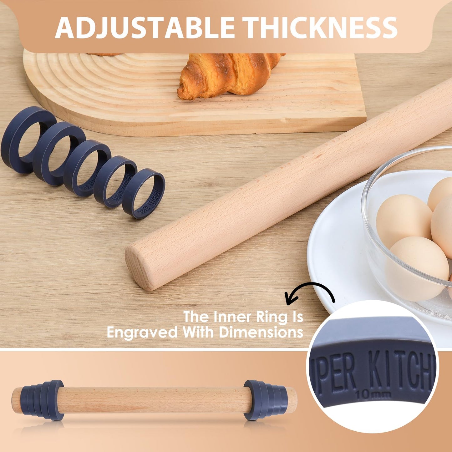 Adjustable 17.5 Inches Wood Rolling Pin with Thickness Rings for Baking -Non Stick Wooden Dough Roller Pin with Spacer Bands for Cookie,Pie Crust, Pastry Fondant By Folksy Super Kitchen(17.5, Grey)