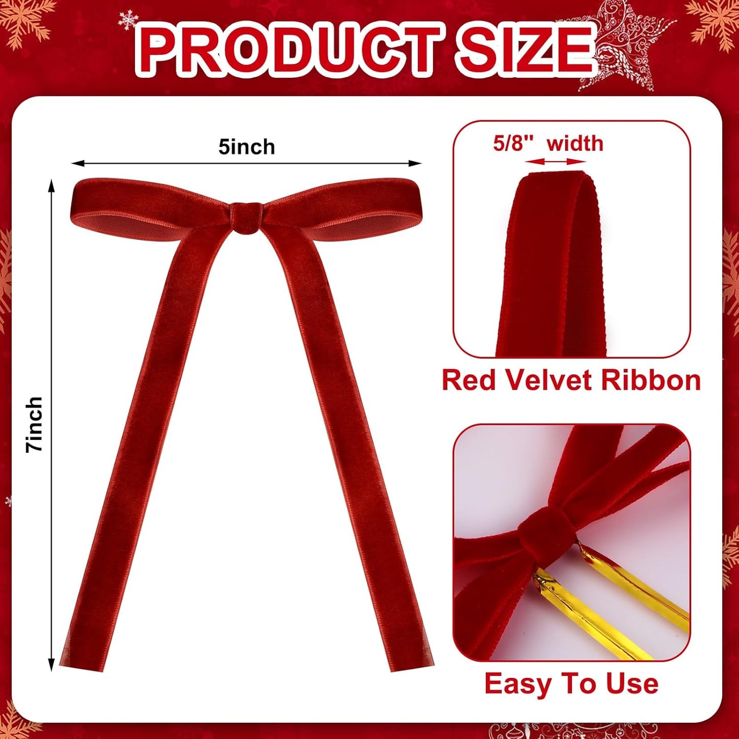 Skiennix 24 Pcs Velvet Bows - Vintage Ribbon Bows for Christmas Tree & Crafts | Red, 5 x 7 Inch