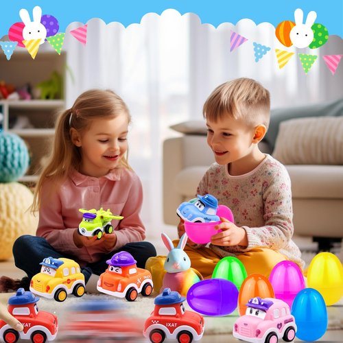 AMENON 6 Pack 3.8" Jumbo Easter Eggs Filled with Pull Back Cars, Easter Eggs with Toys Inside 6 Style Pull Back Car for Kids Toddlers Boys Girls Basket Stuffers Fillers Egg Hunt Party Favors Gifts