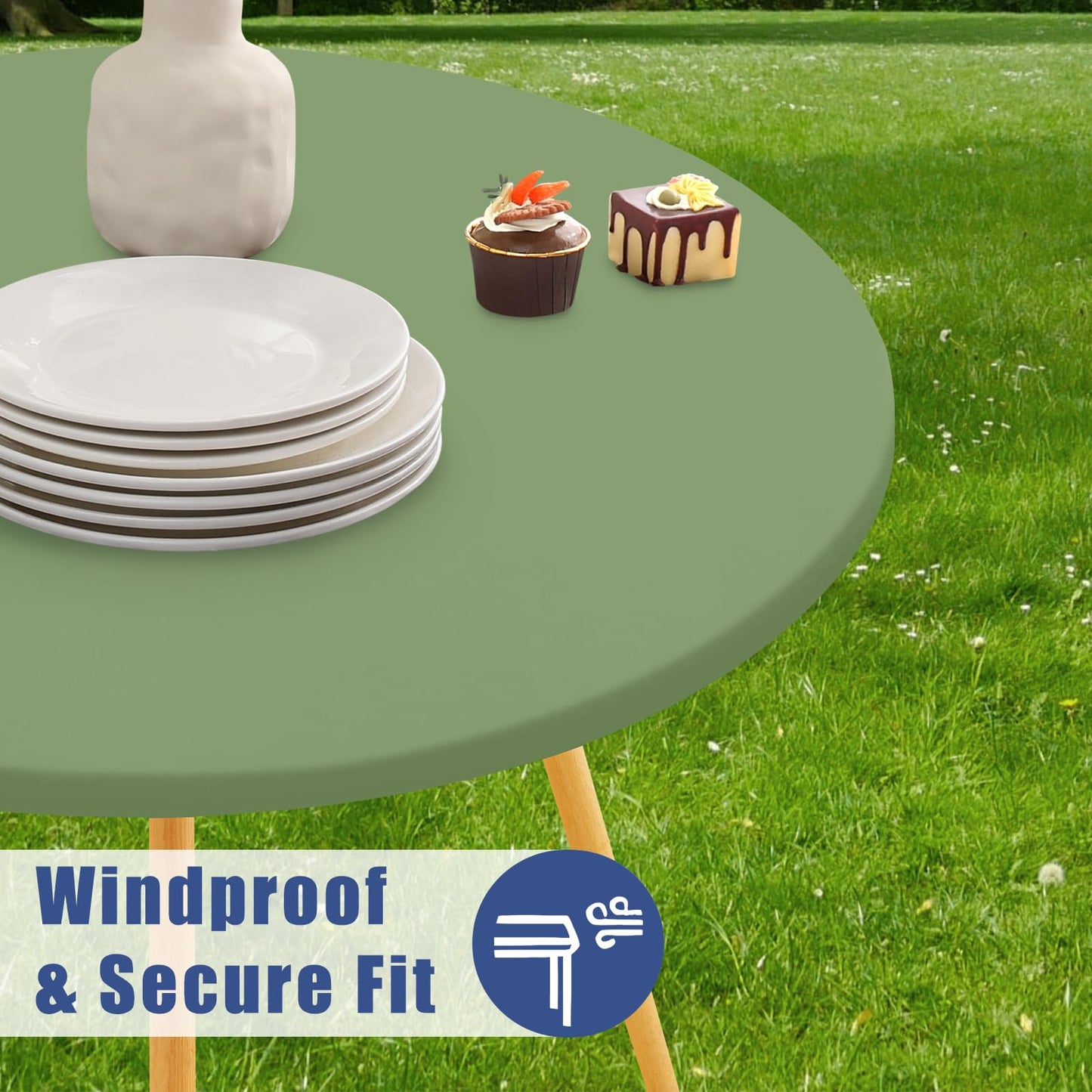Moosfor Round Spandex Tablecloth, Elastic Fitted Waterproof Tablecloths for 18"-24" Tables, Stretch Washable Picnic Table Cover for Camping, Dining, Indoor and Outdoor, Sage Green