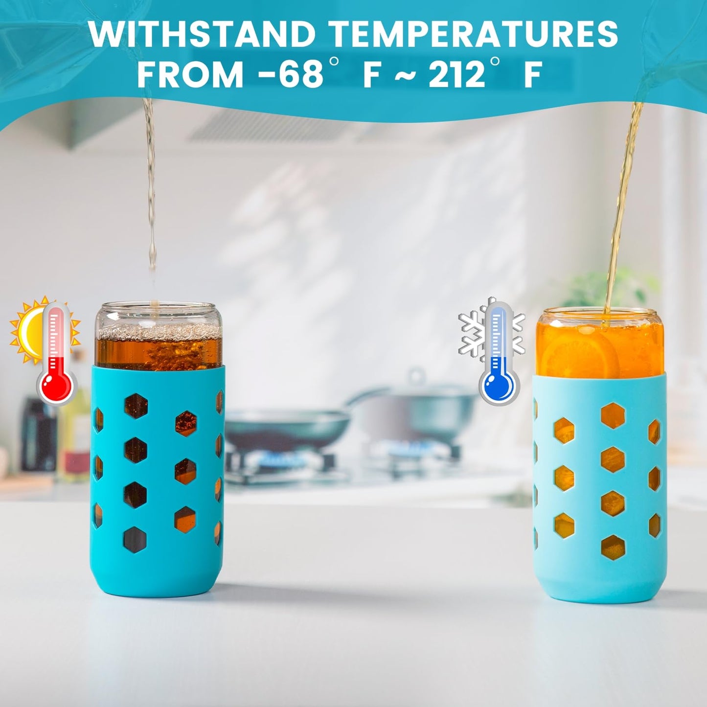 Mrsdry Glass Cups with Lids and Straws (4 Pcs), 20oz Drinking Glasses Set with Silicone Sleeves for Coffee Bar Accessories Iced Coffee Cups with Lids, Glass Tumbler Reusable for Gifts