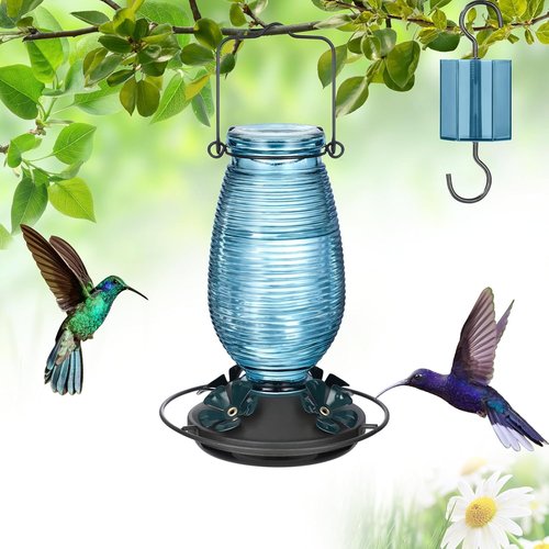 FEED GARDEN Glass Hummingbird Feeder - 20 OZ Capacity with 4 Bee Guard Ports & Ant Moat | Blue, 1 Pack