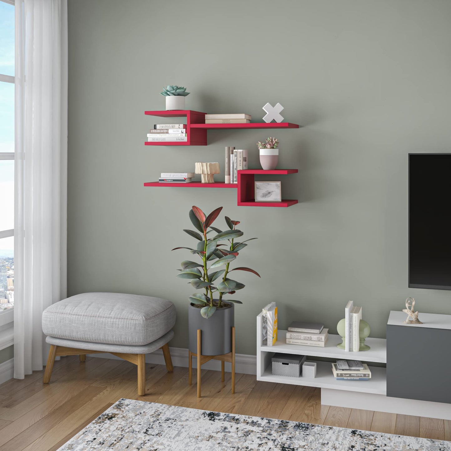 Ada Home Decor Webbs Modern Burgundy Wall Shelf 6.69'' H x 29.53'' W x 7.87'' D/Wall Storage/Shelving Unit