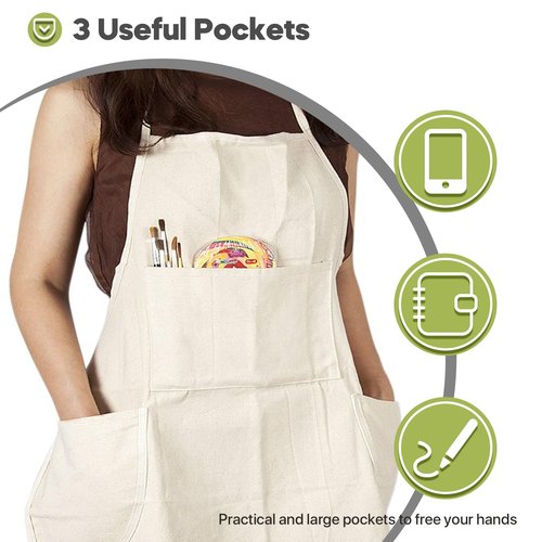 conda 100% Cotton Canvas Professional Bib Apron With 3 Pockets for Women Men Adults,Waterproof,Natural 31inch By 27inch