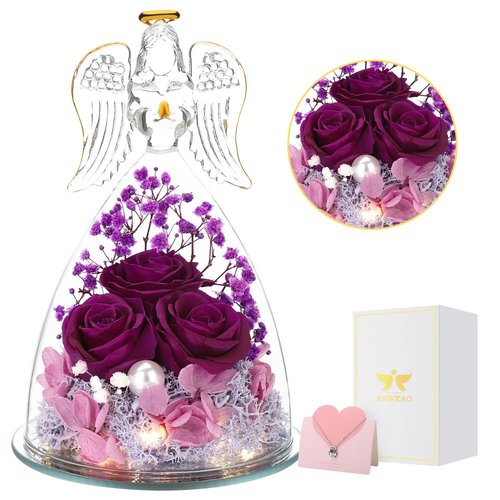 ANWEAO Mothers Day Mom Gifts for Her, Glass Angel Figurine with Three Roses Gifts,Preserved Forever Real Rose Gifts for Women, Angel Guardian with Rose Flower Gifts, Birthday Gifts for Women