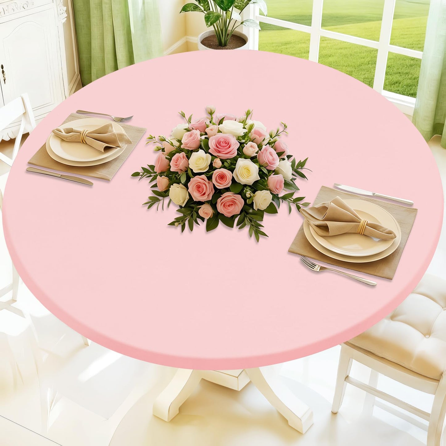 Moosfor Round Spandex Valentines Day Tablecloth, Elastic Fitted Waterproof Tablecloths for 36"-44" Tables, Stretch Washable Picnic Table Cover for Camping, Dining, Indoor and Outdoor, Pink