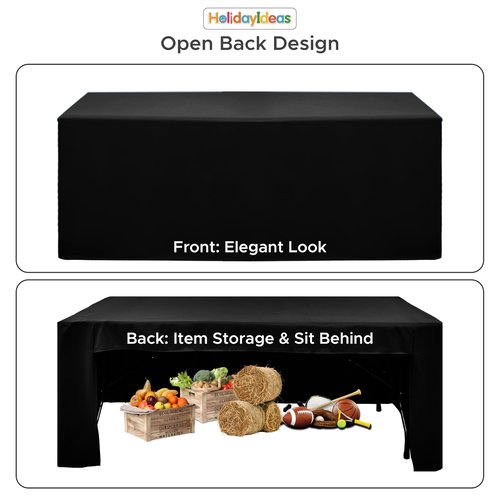 HolidayIdeas 4-Pack Open Back Table Cloths for 6 Foot Tables, Water Repellent Fitted Black Table Covers, 3-Sided Oxford Polyester Tablecloth for Vendor Booth, Craft Fairs, Registration Desk
