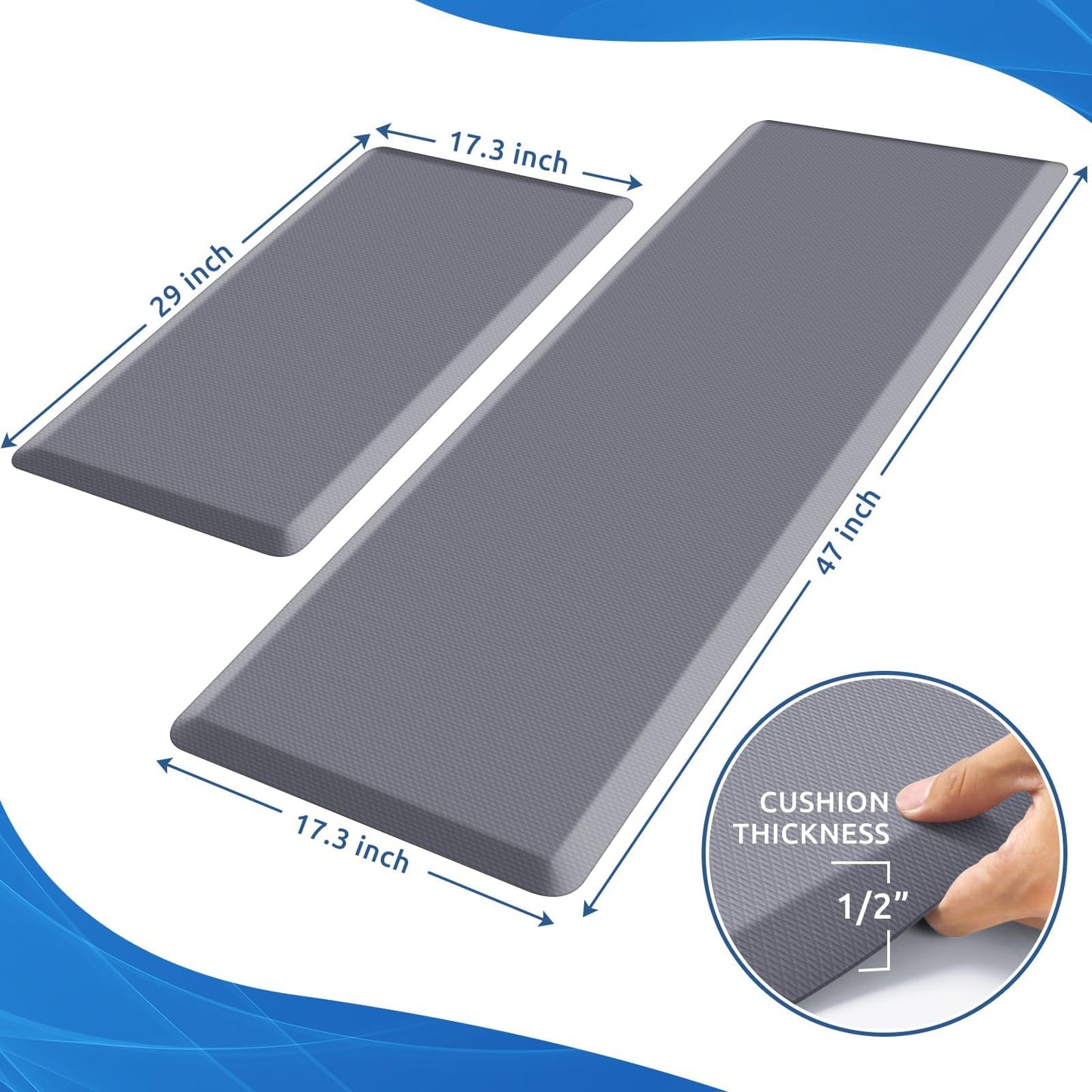 KitchenClouds 2PCS Kitchen Rugs Cushioned Anti-Fatigue Non-Slip Water Resistant Kitchen Mat Comfort Foam Standing Mat for Floor Office Sink Laundry (Grey)
