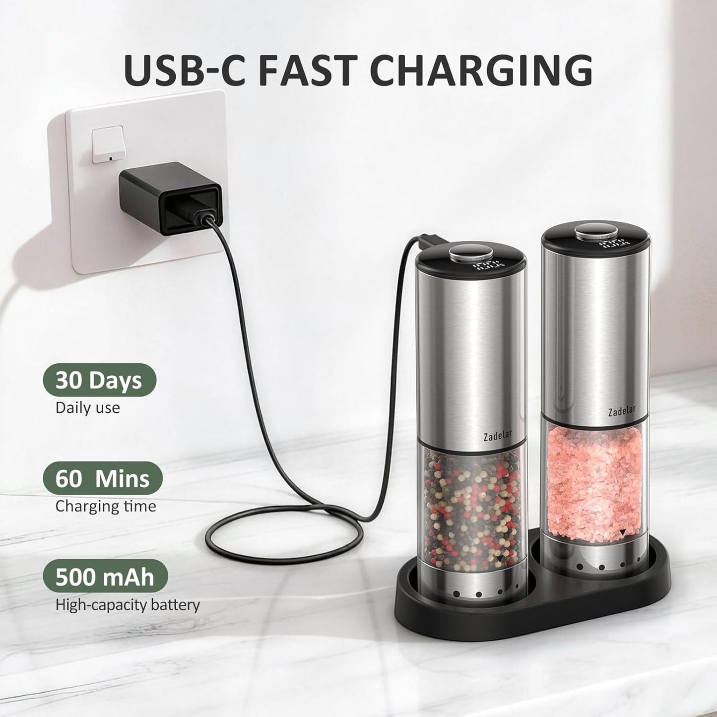 Skiennix Rechargeable Electric Salt and Pepper Grinder Set - Automatic, LED Display, Adjustable Coarseness, Large Capacity