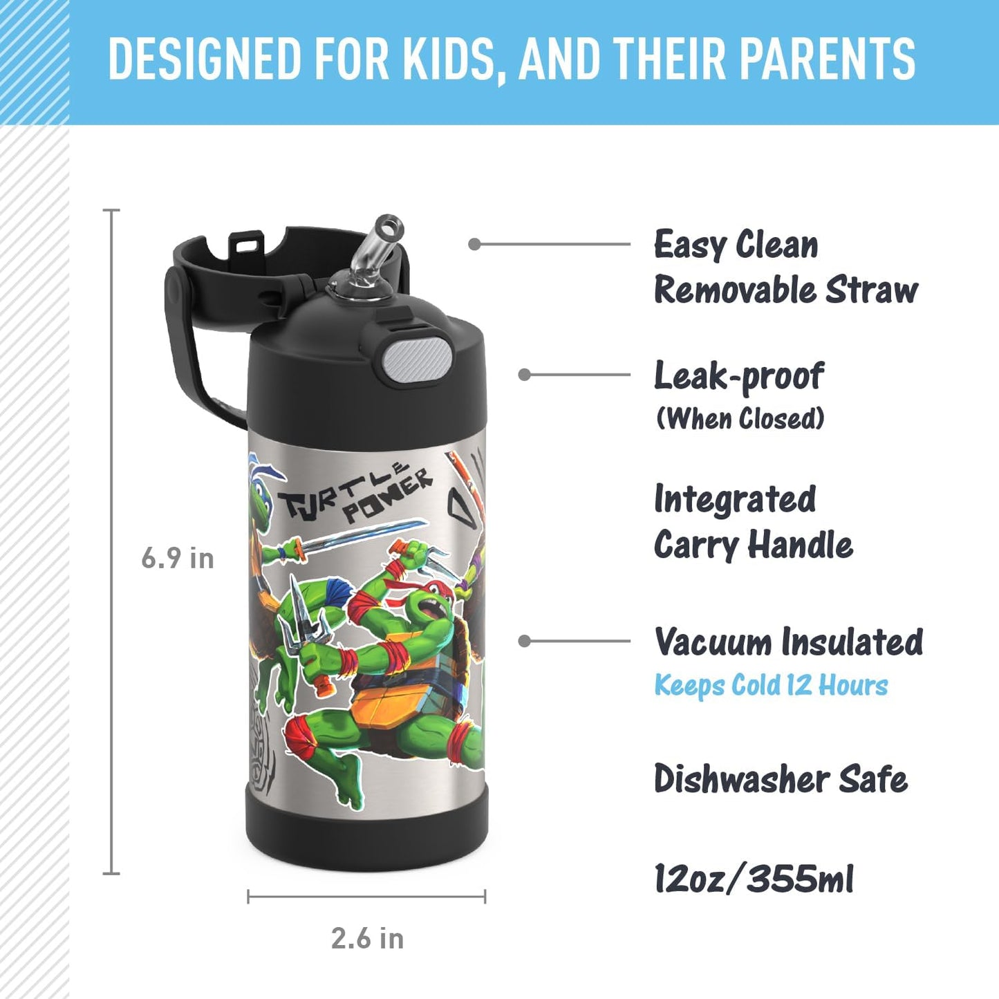 THERMOS FUNTAINER Water Bottle - 12 Ounce Stainless Steel Insulated Kids Bottle with Straw | TMNT Design