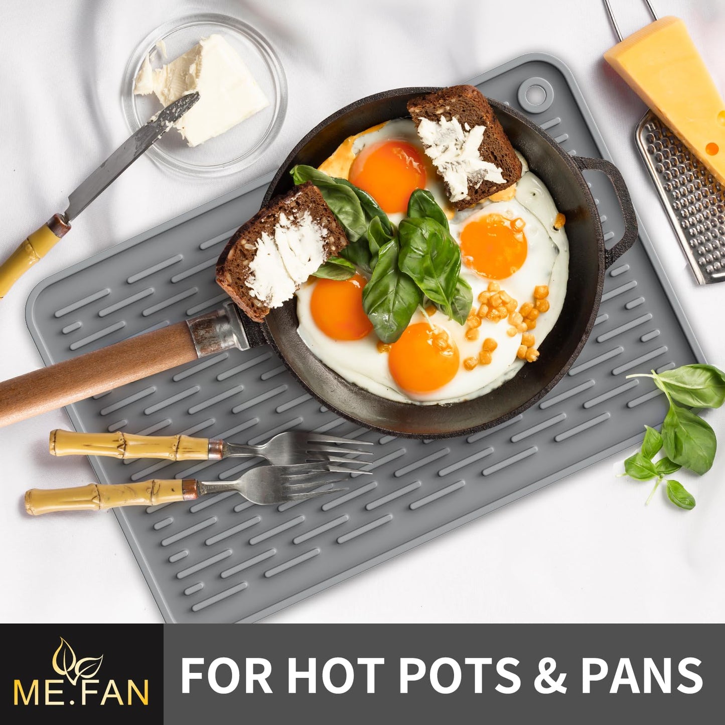 ME.FAN Silicone Dish Drying Mat for Kitchen Counter, Dish Drying Pad for Sink, Refrigerator or Drawer, Countertop Protection Pad M - 16''×12'' - Grey