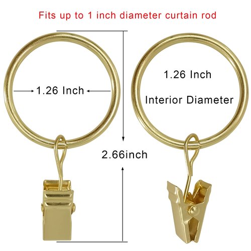 AMZSEVEN 40 Pack Curtain Rings with Clips, Drapery Clips with Rings, Drapes Rings 1.26 in Interior Diameter, Fits up to 1 in Curtain Rod, Gold Color