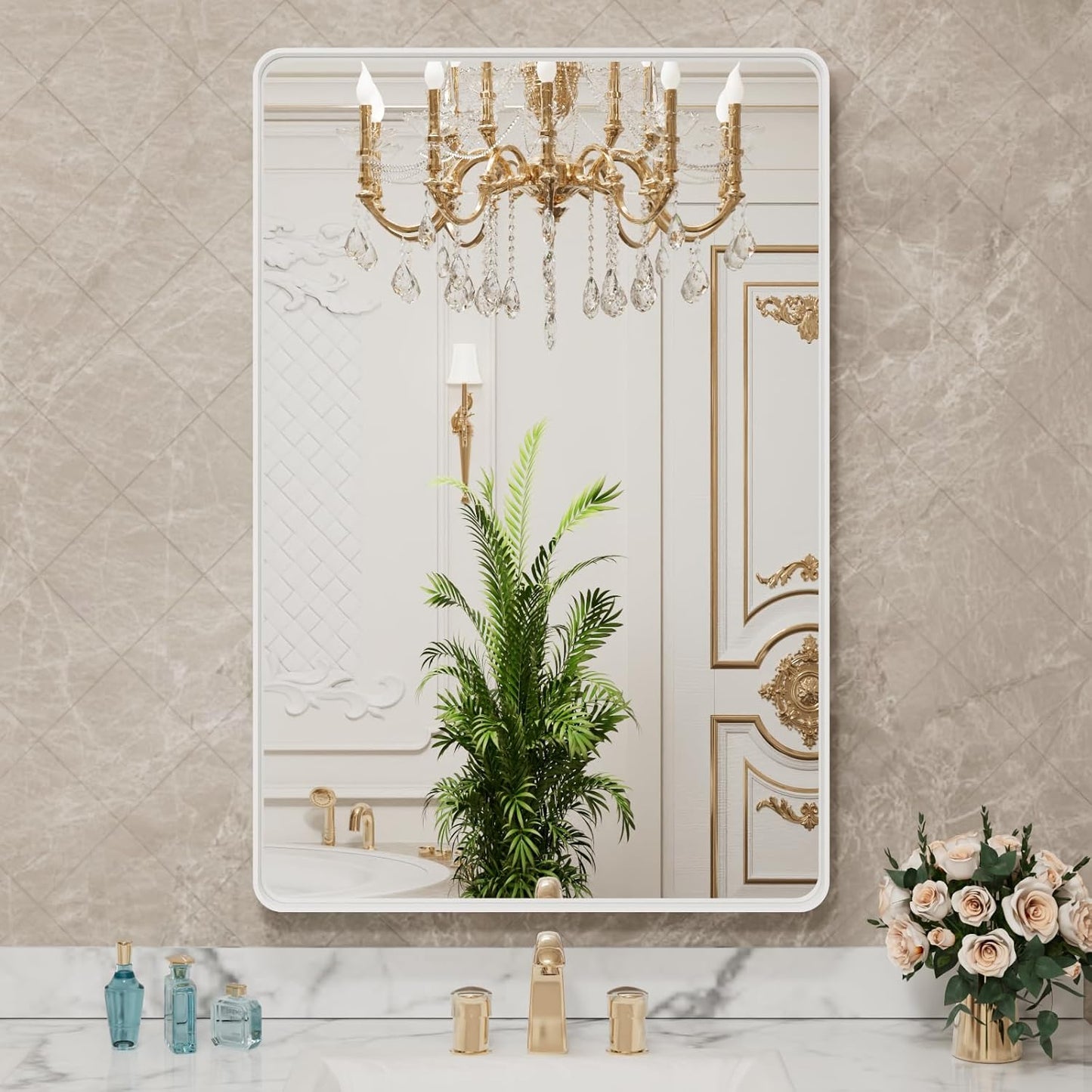 LOAAO Bathroom Mirror - 30x36 Inch White Metal Framed Vanity Mirror | Large Rounded Rectangle, Anti-Rust Tempered Glass, Versatile Hanging Options