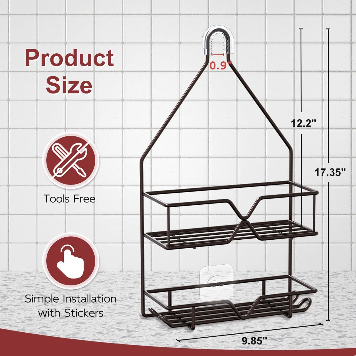 TreeLen Shower Caddy - Over Shower Head Bathroom Organizer with 4 Hooks for Shampoo - Bronze