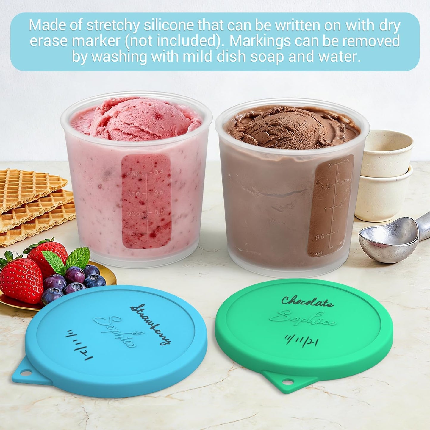 SOPHICO Ice Cream Pint Containers - Airtight Freezer Storage Tubs with Silicone Lids | Medium, 4 Pack